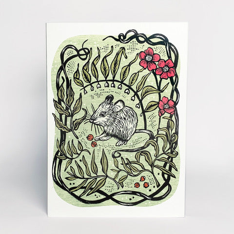 Hawk and Rose Press - Garden Mouse Linocut Card