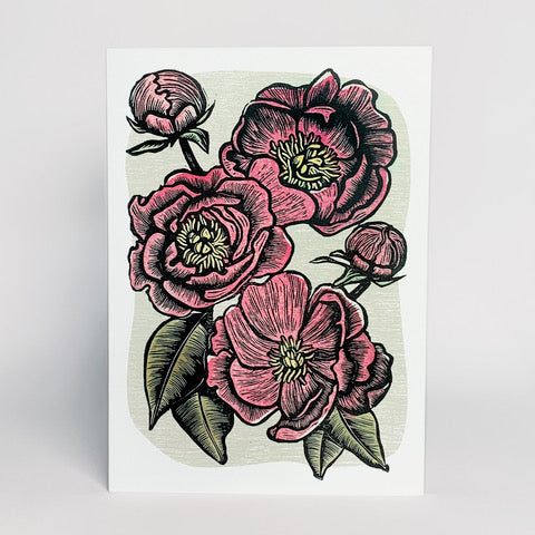 Hawk and Rose Press - Peonies Linocut Card