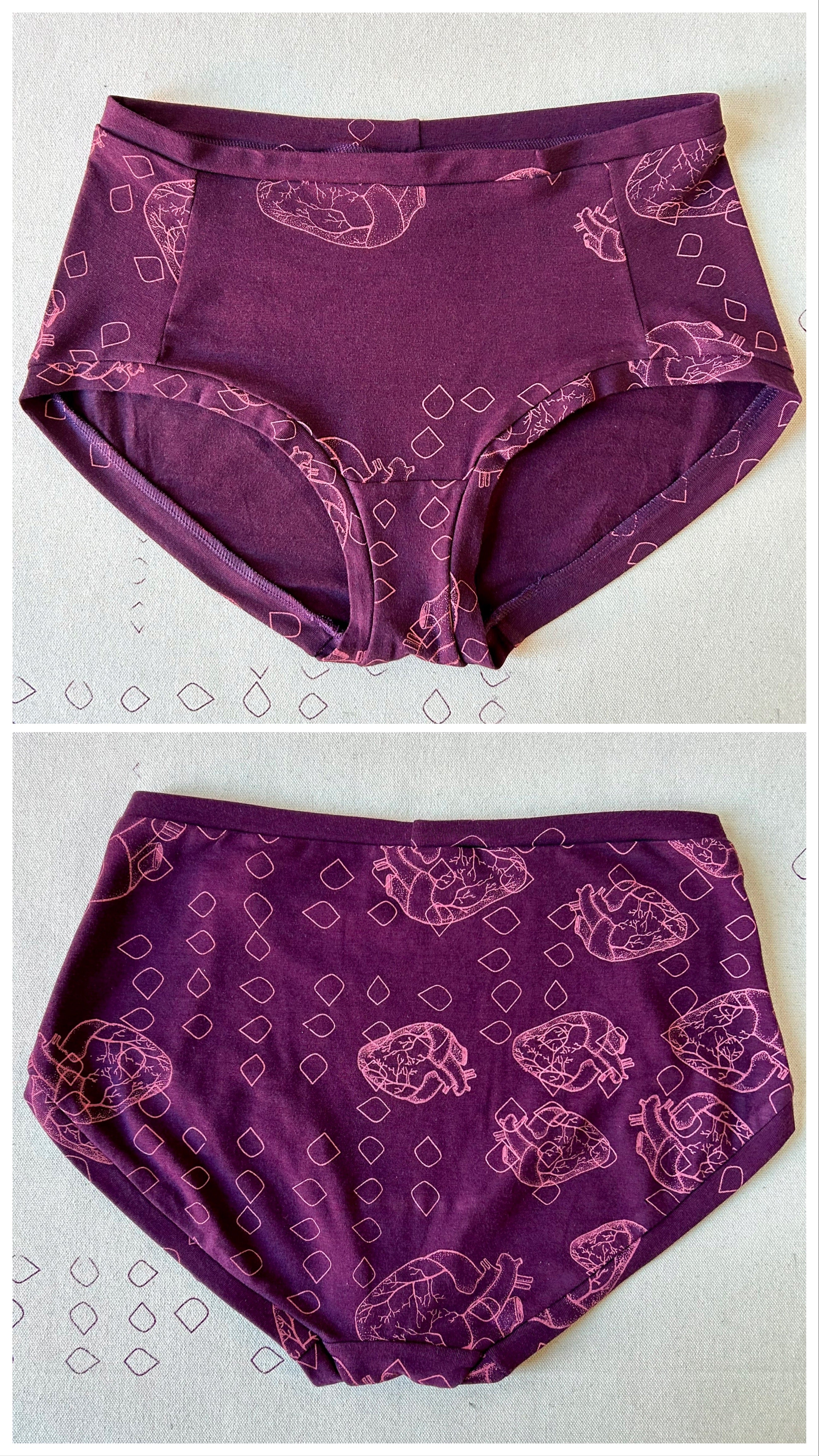 Mid-rise underwear printed with anatomical heart and apple seed pattern