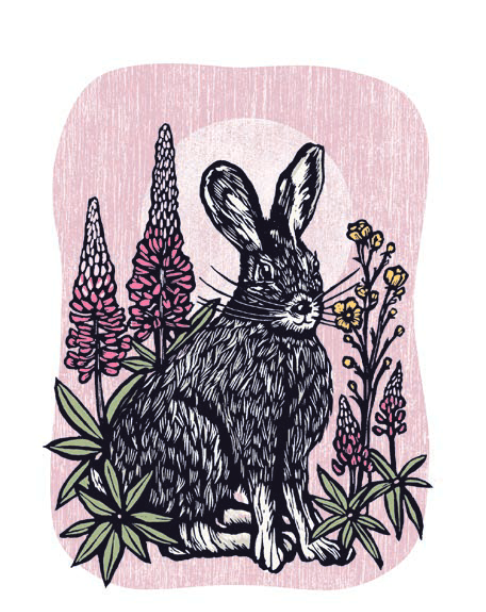 Hawk and Rose Press - Hare & Lupins Linocut Card